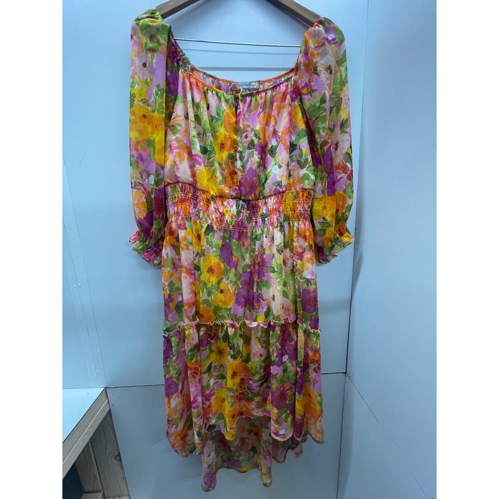 Figueroa & Flower Womens XL Floral Smocked Waist Tiered Midi Dress Multicolor